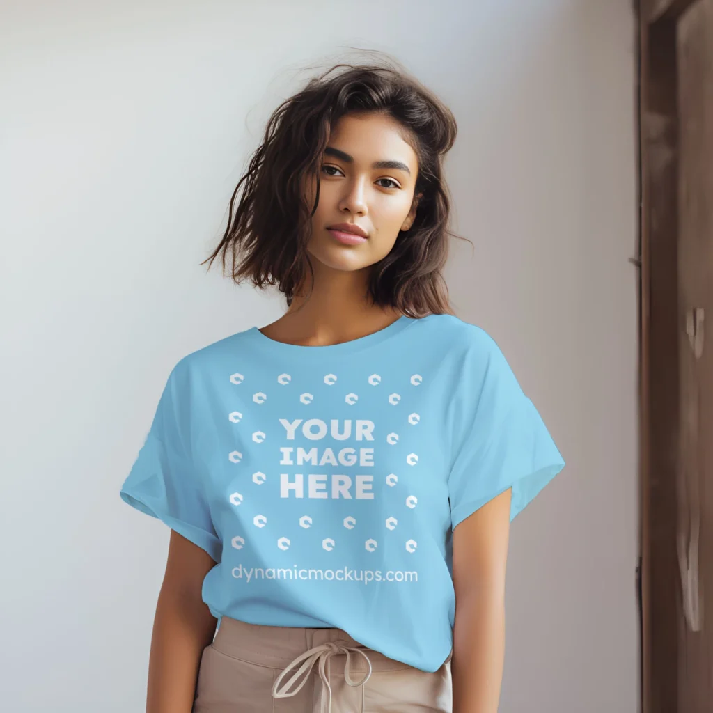 Woman Wearing Sky Blue T-shirt Mockup Front View Template