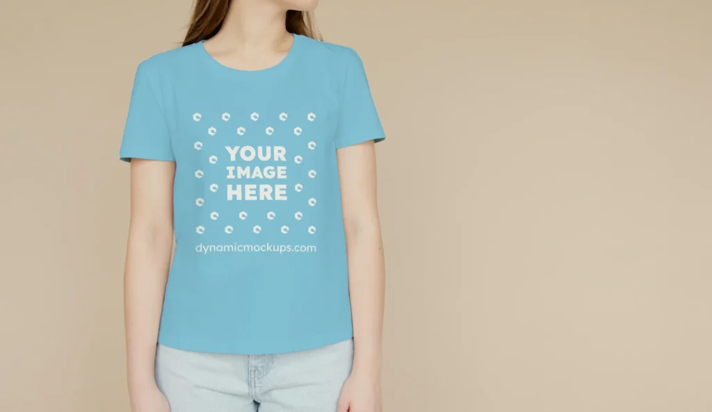 Woman Wearing Sky Blue T-shirt Mockup Front View Template