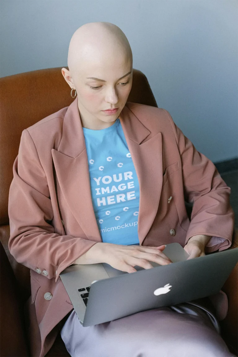 Woman Wearing Sky Blue T-shirt Mockup Front View Template