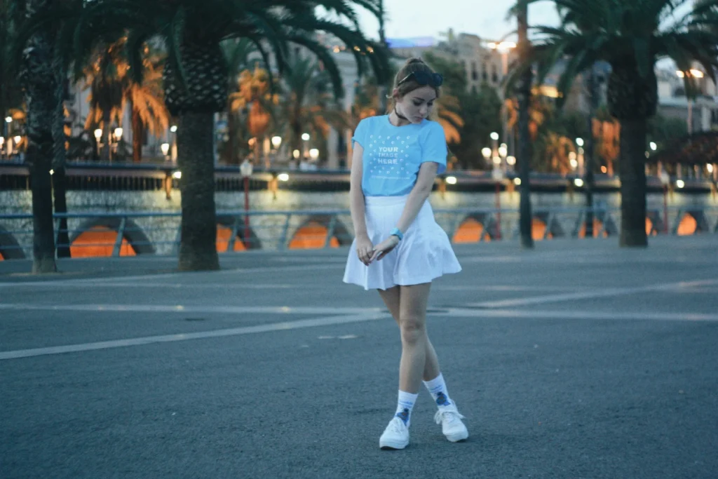 Woman Wearing Sky Blue T-shirt Mockup Front View Template