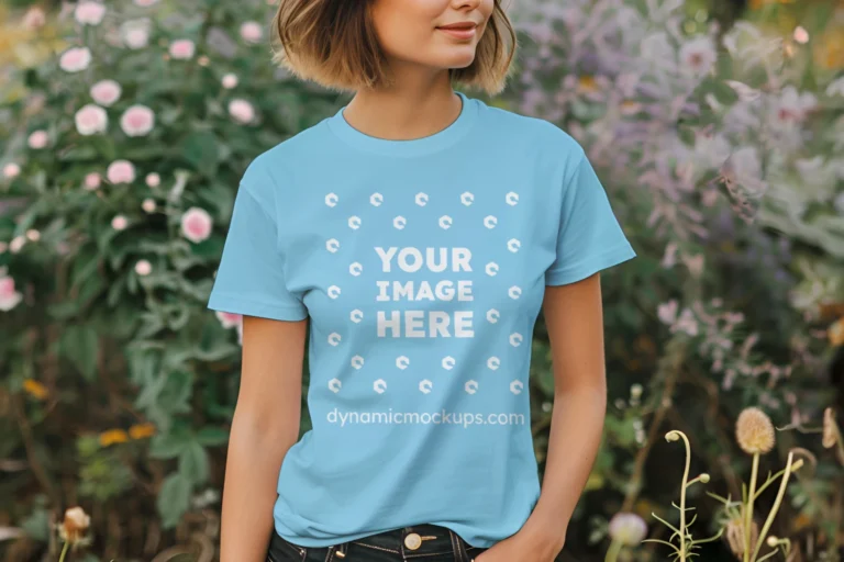 Woman Wearing Sky Blue T-shirt Mockup Front View Template