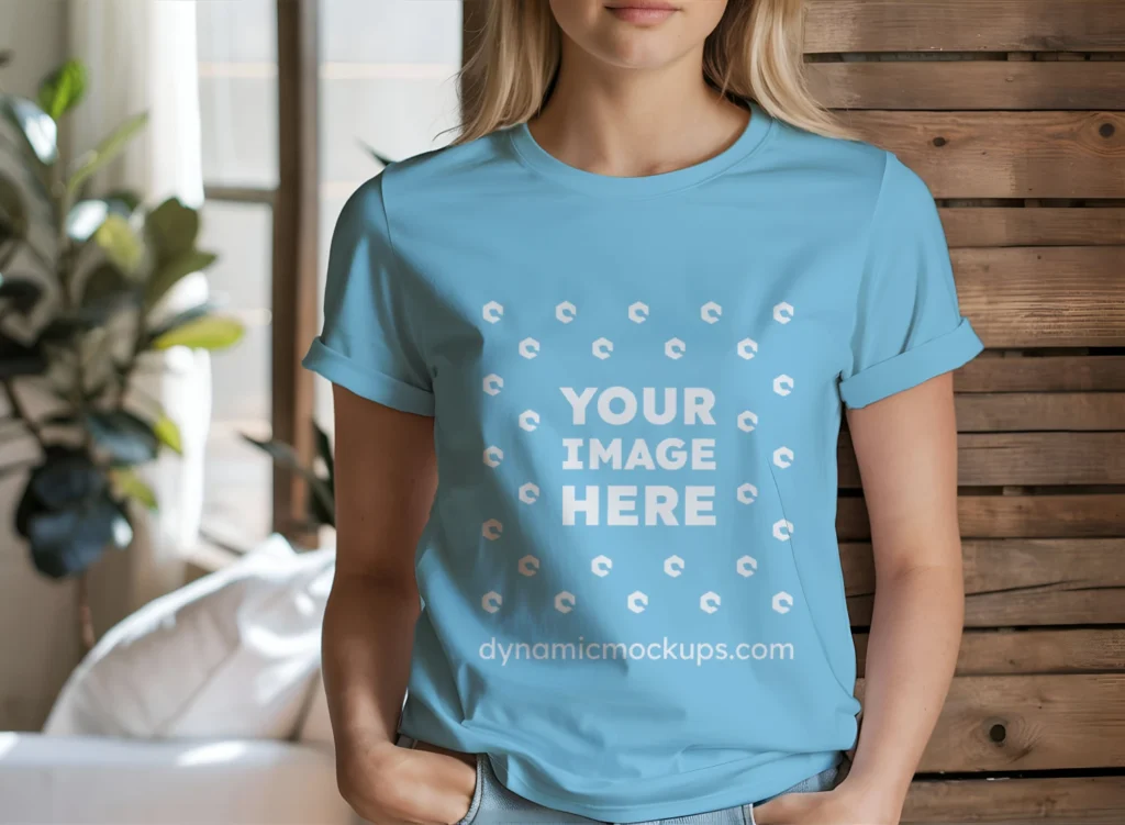 Woman Wearing Sky Blue T-shirt Mockup Front View Template