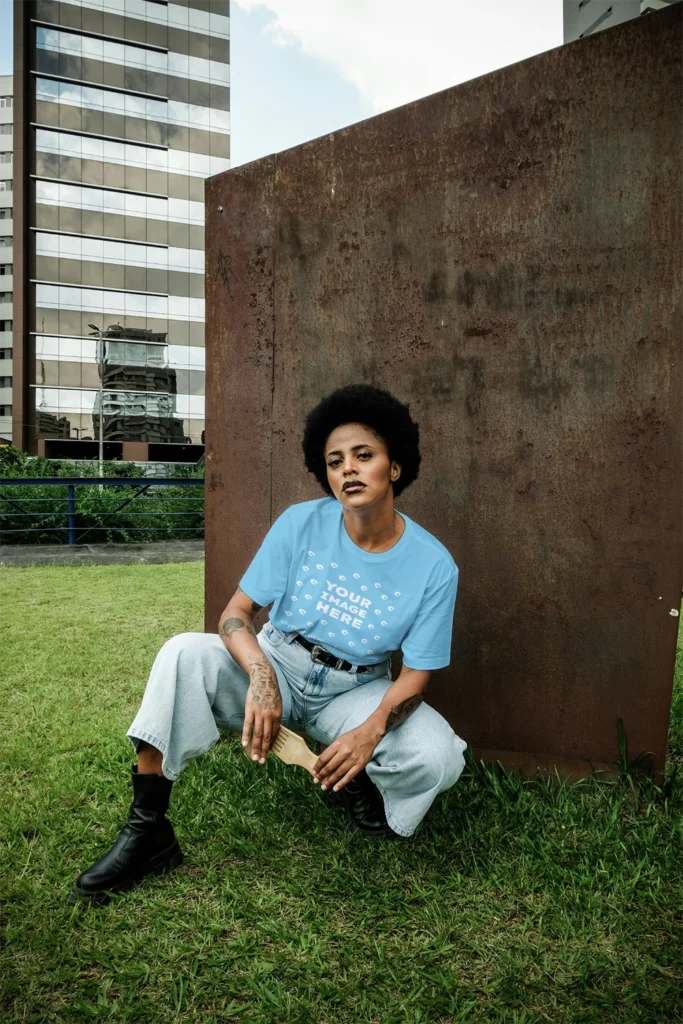 Woman Wearing Sky Blue T-shirt Mockup Front View Template