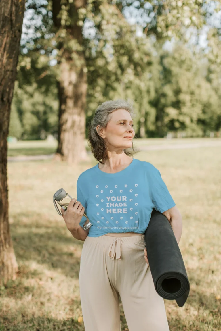 Woman Wearing Sky Blue T-shirt Mockup Front View Template