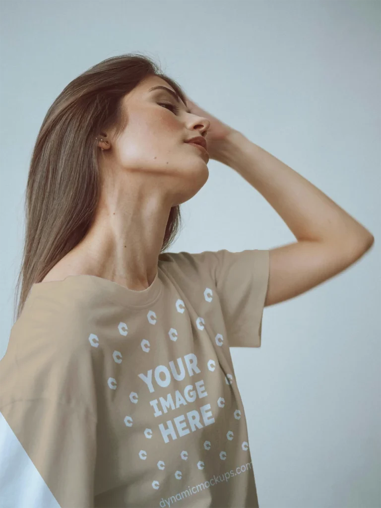 Woman Wearing Tan T-shirt Mockup Front View Template