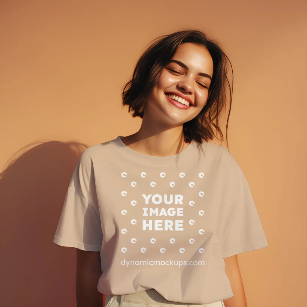 Woman Wearing Tan T-shirt Mockup Front View Template