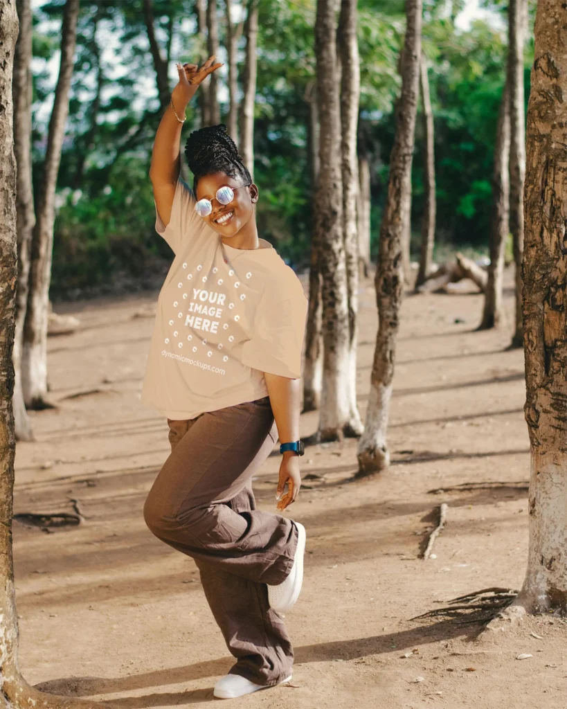 Woman Wearing Tan T-shirt Mockup Front View Template