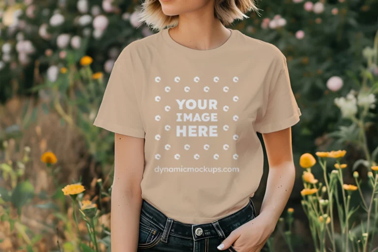 Woman Wearing Tan T-shirt Mockup Front View Template