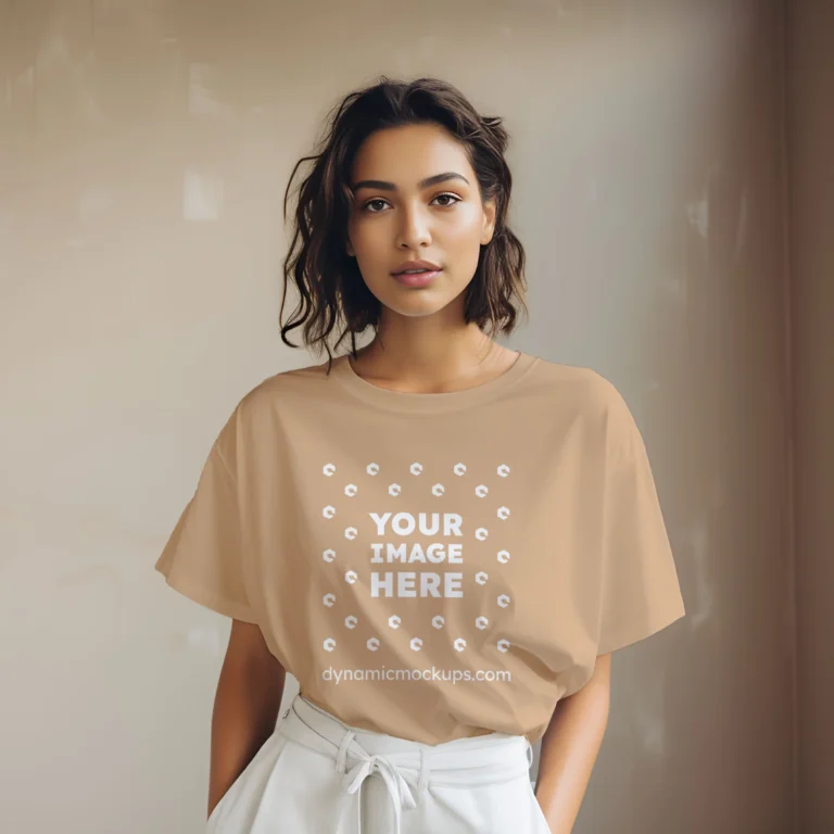 Woman Wearing Tan T-shirt Mockup Front View Template