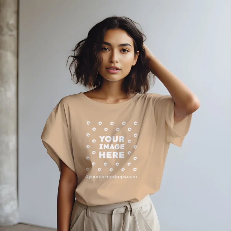 Woman Wearing Tan T-shirt Mockup Front View Template