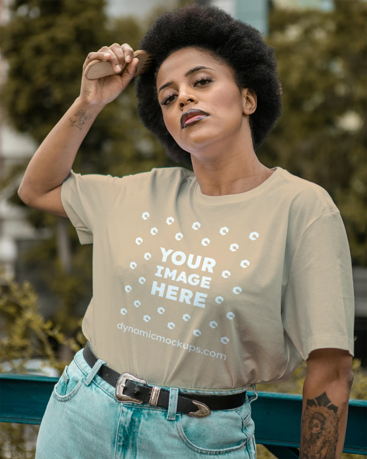 Woman Wearing Tan Tshirt Mockup Front View Template 3490 +