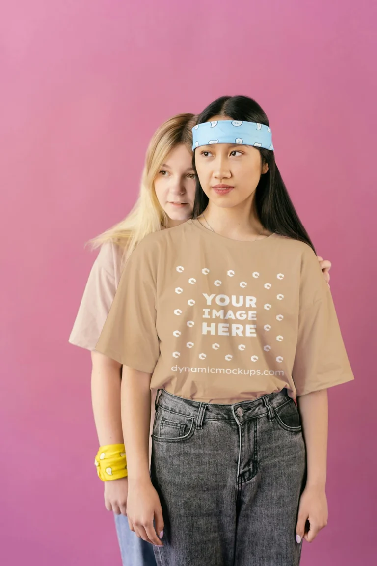 Woman Wearing Tan T-shirt Mockup Front View Template