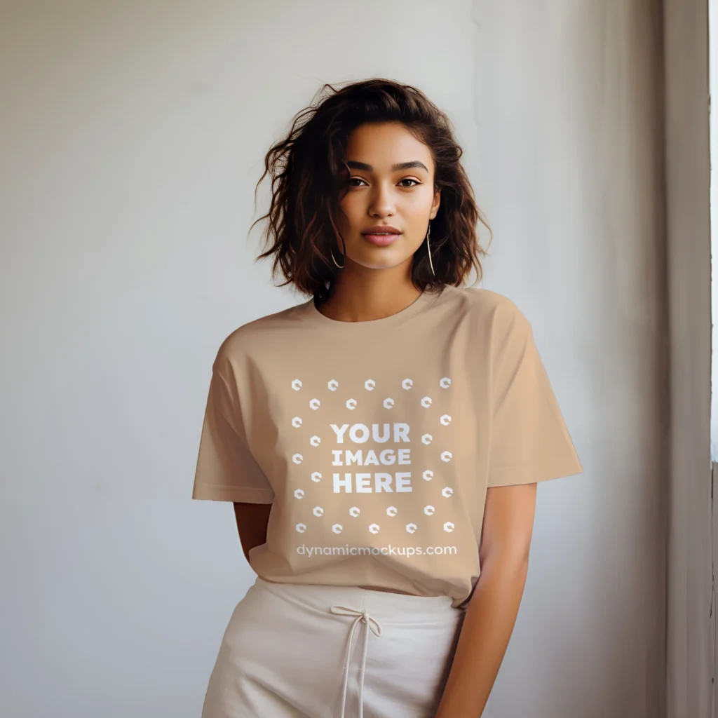 Woman Wearing Tan T-shirt Mockup Front View Template