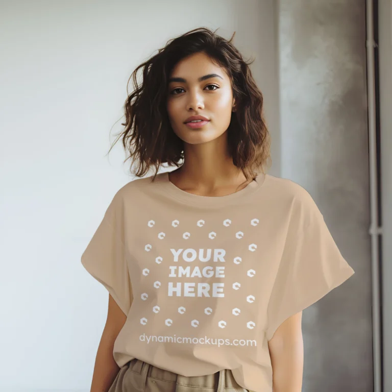 Woman Wearing Tan T-shirt Mockup Front View Template