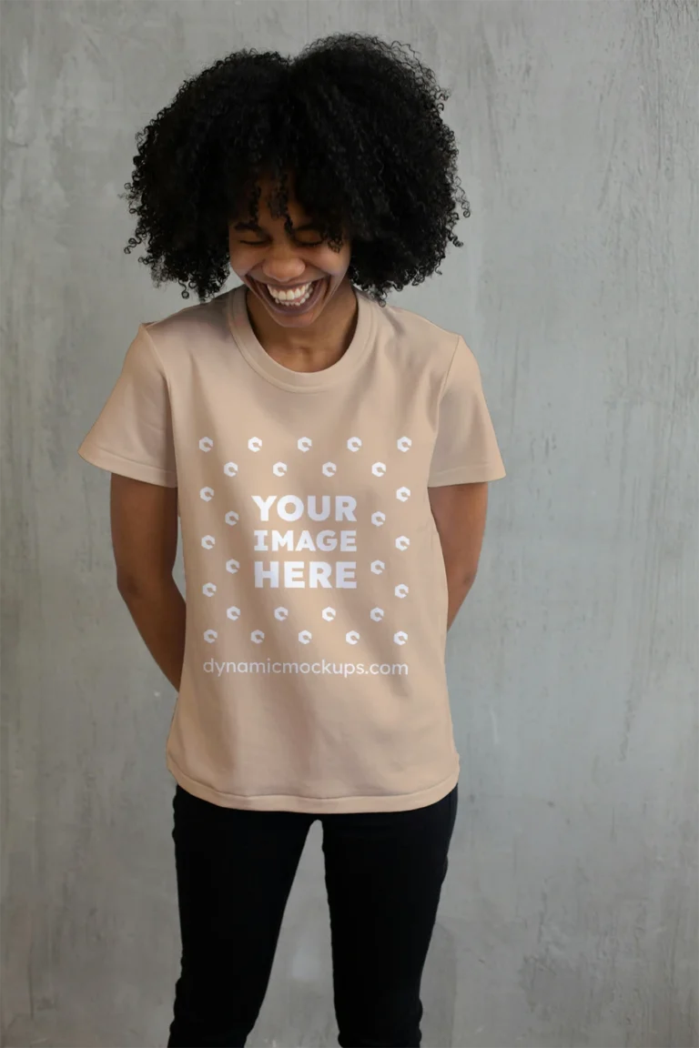 Woman Wearing Tan T-shirt Mockup Front View Template