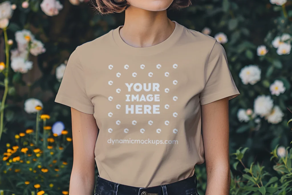 Woman Wearing Tan T-shirt Mockup Front View Template