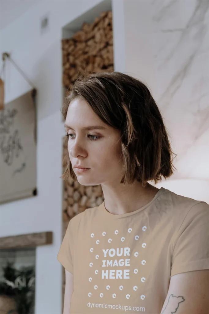 Woman Wearing Tan T-shirt Mockup Front View Template