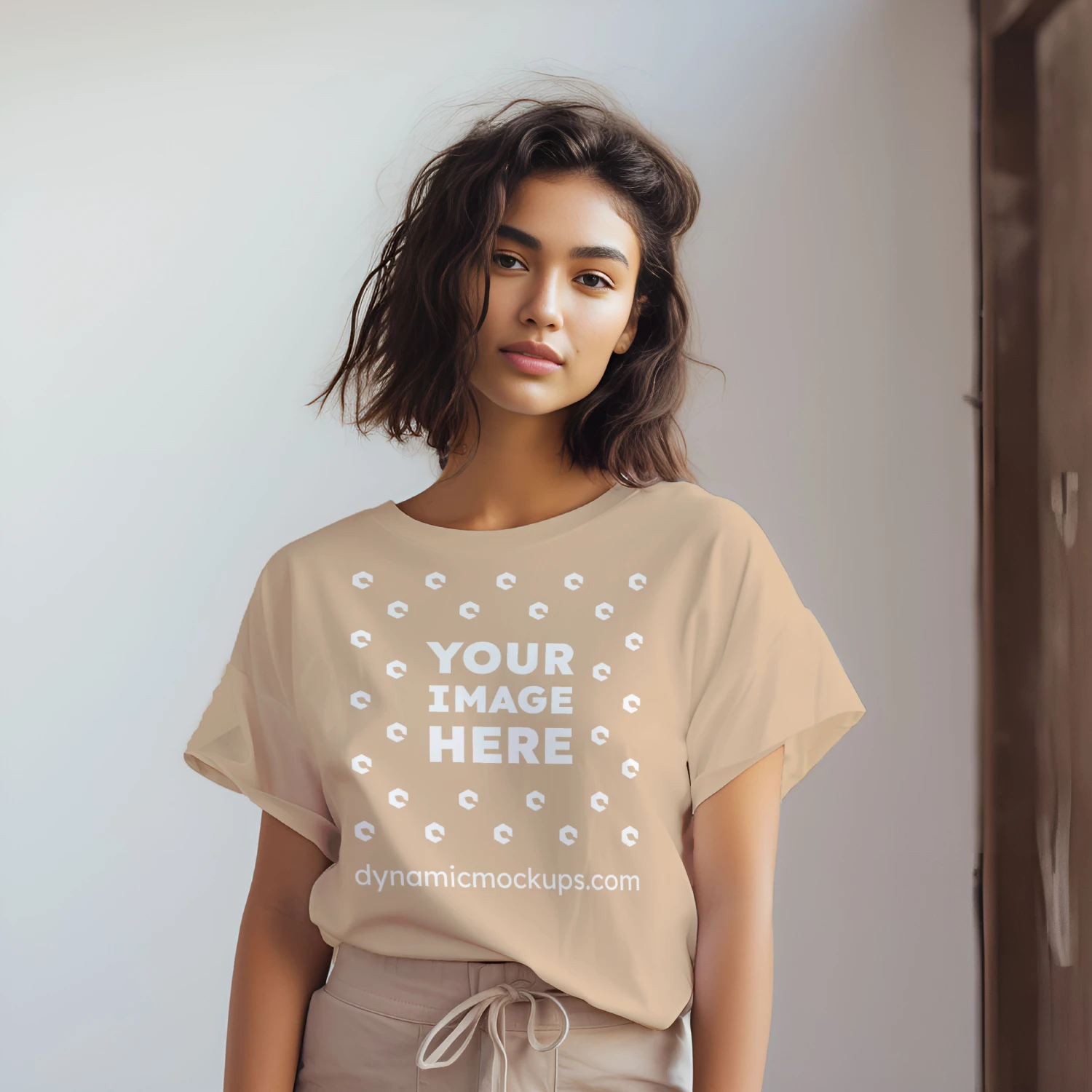 Woman Wearing Tan Tshirt Mockup Front View Template 3482 +