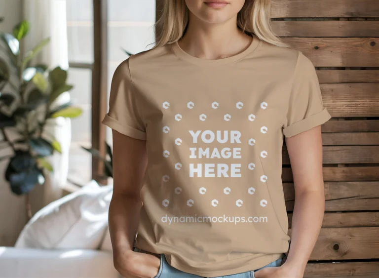 Woman Wearing Tan T-shirt Mockup Front View Template