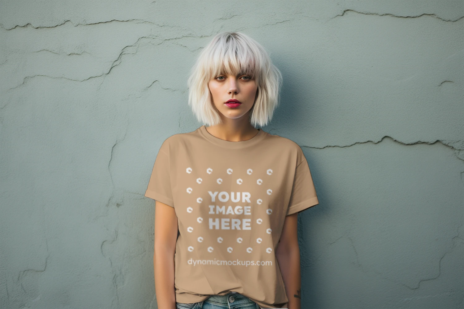 Woman Wearing Tan Tshirt Mockup Front View Template 3792 +