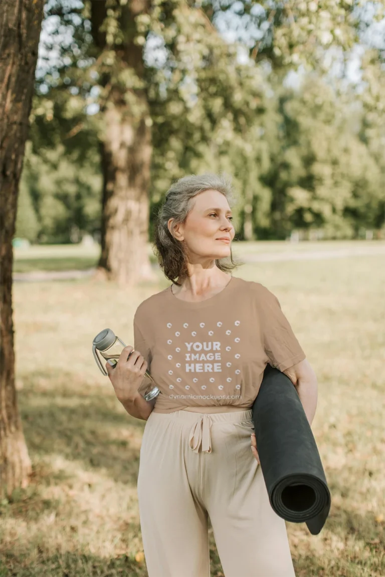 Woman Wearing Tan T-shirt Mockup Front View Template