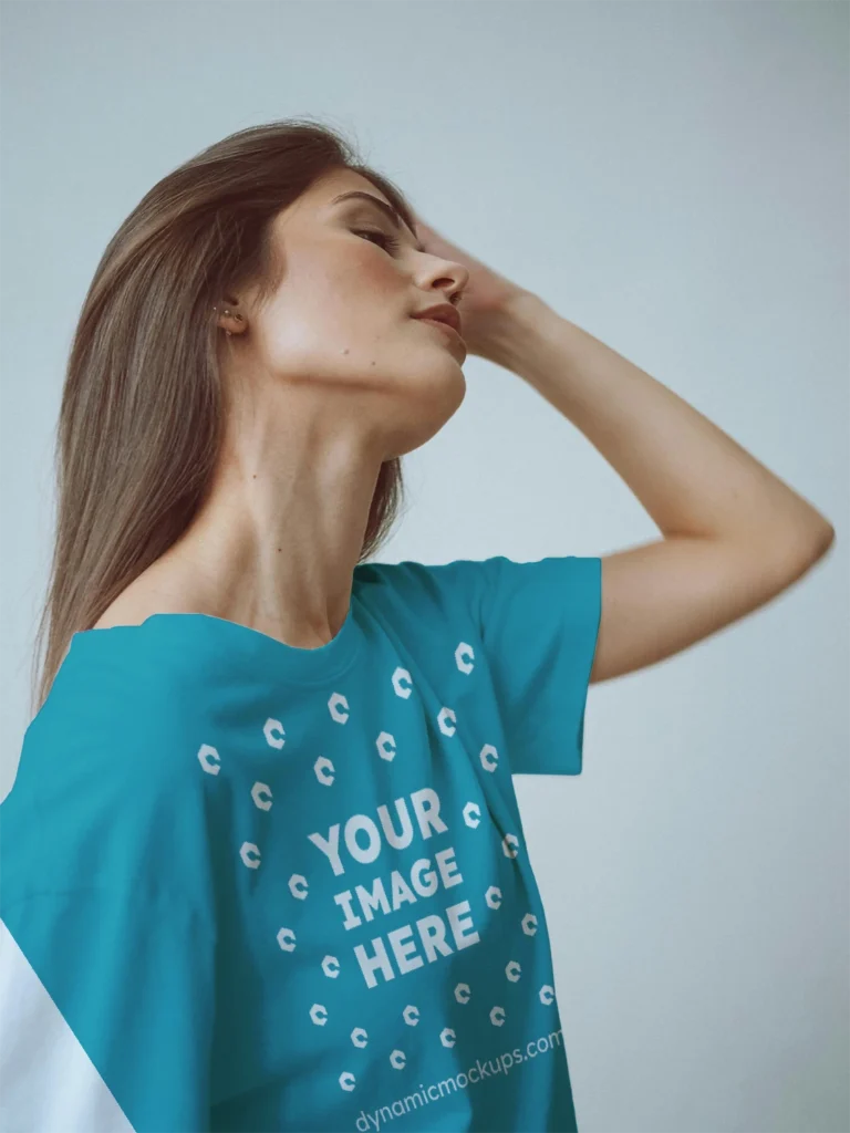 Woman Wearing Teal T-shirt Mockup Front View Template