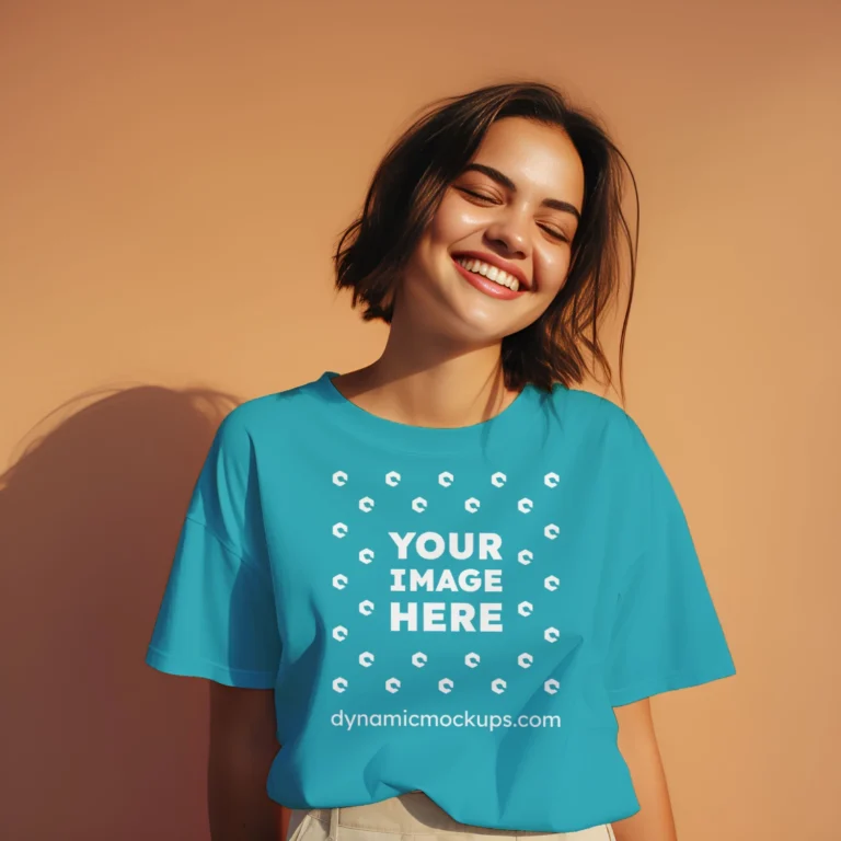 Woman Wearing Teal T-shirt Mockup Front View Template