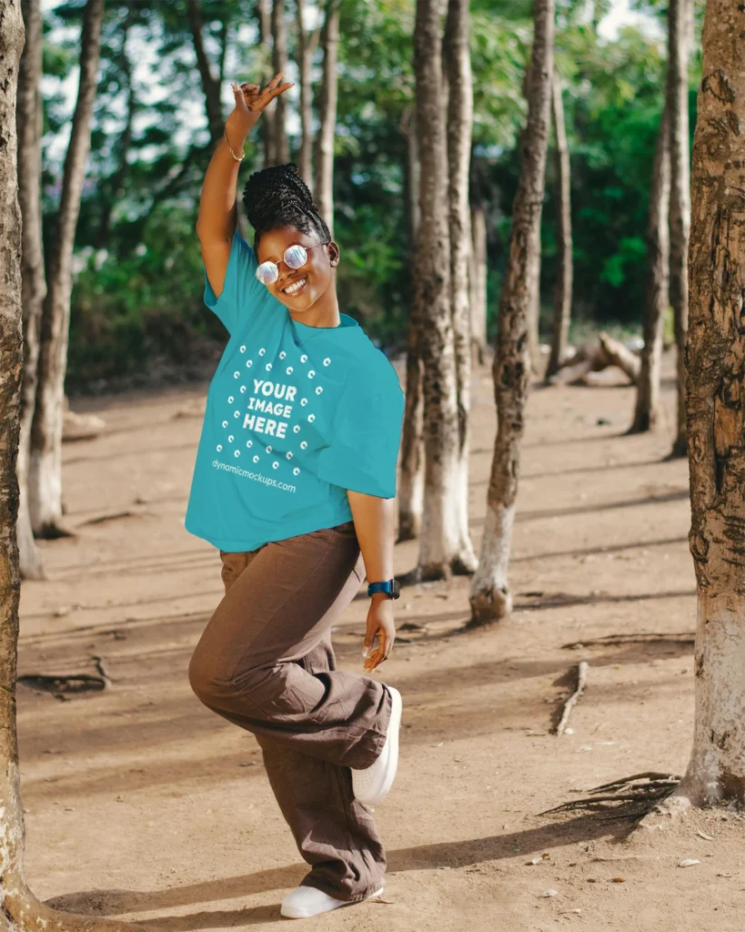 Woman Wearing Teal T-shirt Mockup Front View Template