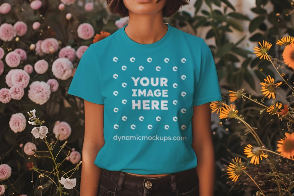 Woman Wearing Teal T-shirt Mockup Front View Template