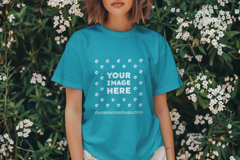 Woman Wearing Teal T-shirt Mockup Front View Template