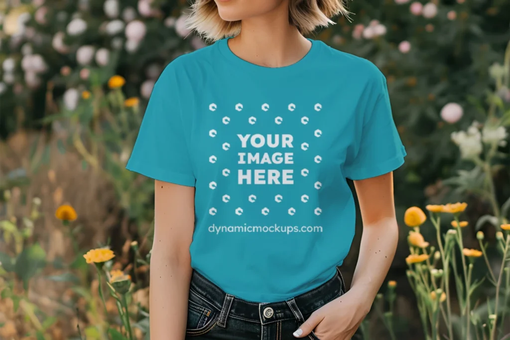 Woman Wearing Teal T-shirt Mockup Front View Template