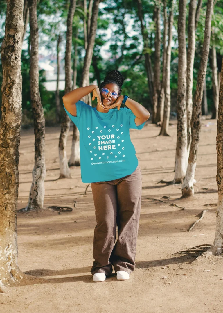 Woman Wearing Teal T-shirt Mockup Front View Template