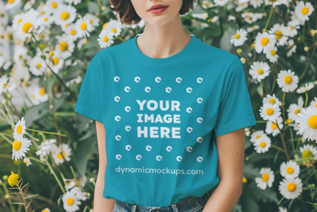 Woman Wearing Teal T-shirt Mockup Front View Template