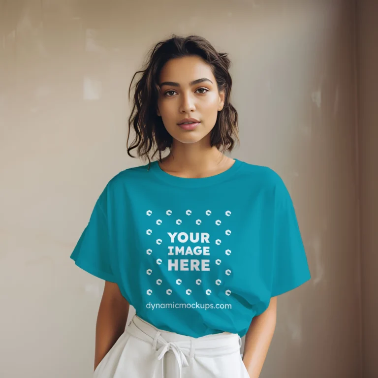 Woman Wearing Teal T-shirt Mockup Front View Template