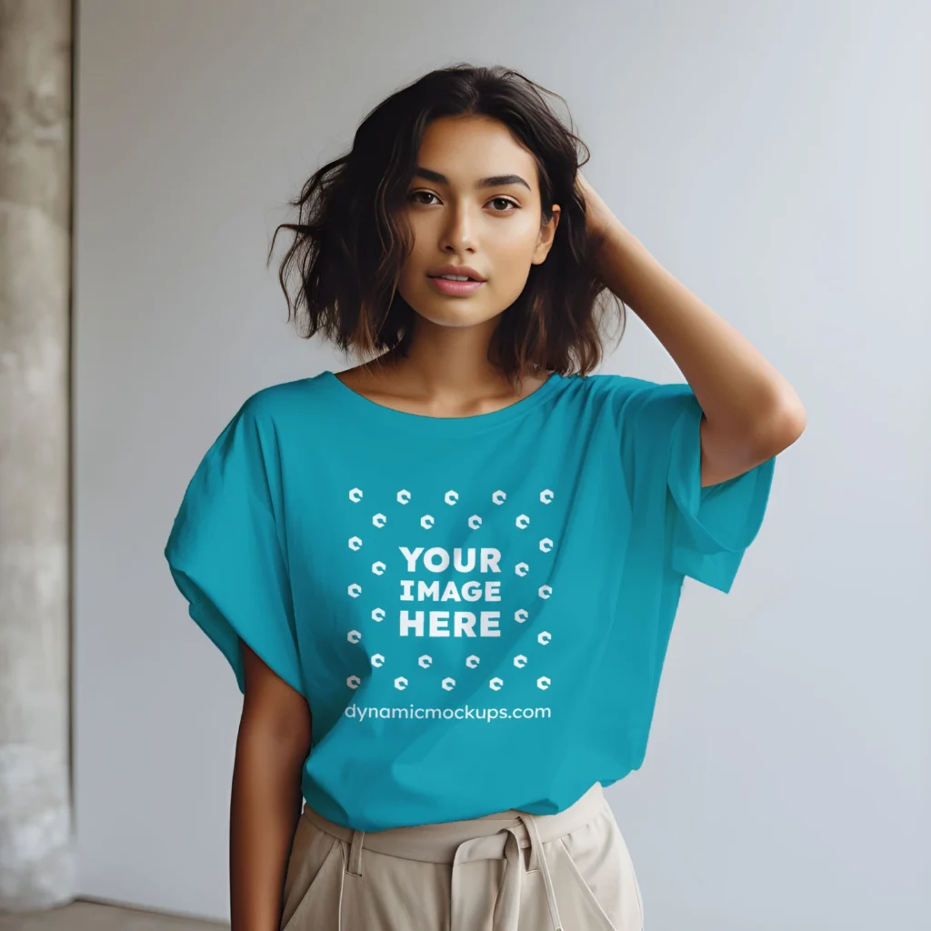 Woman Wearing Teal T-shirt Mockup Front View Template