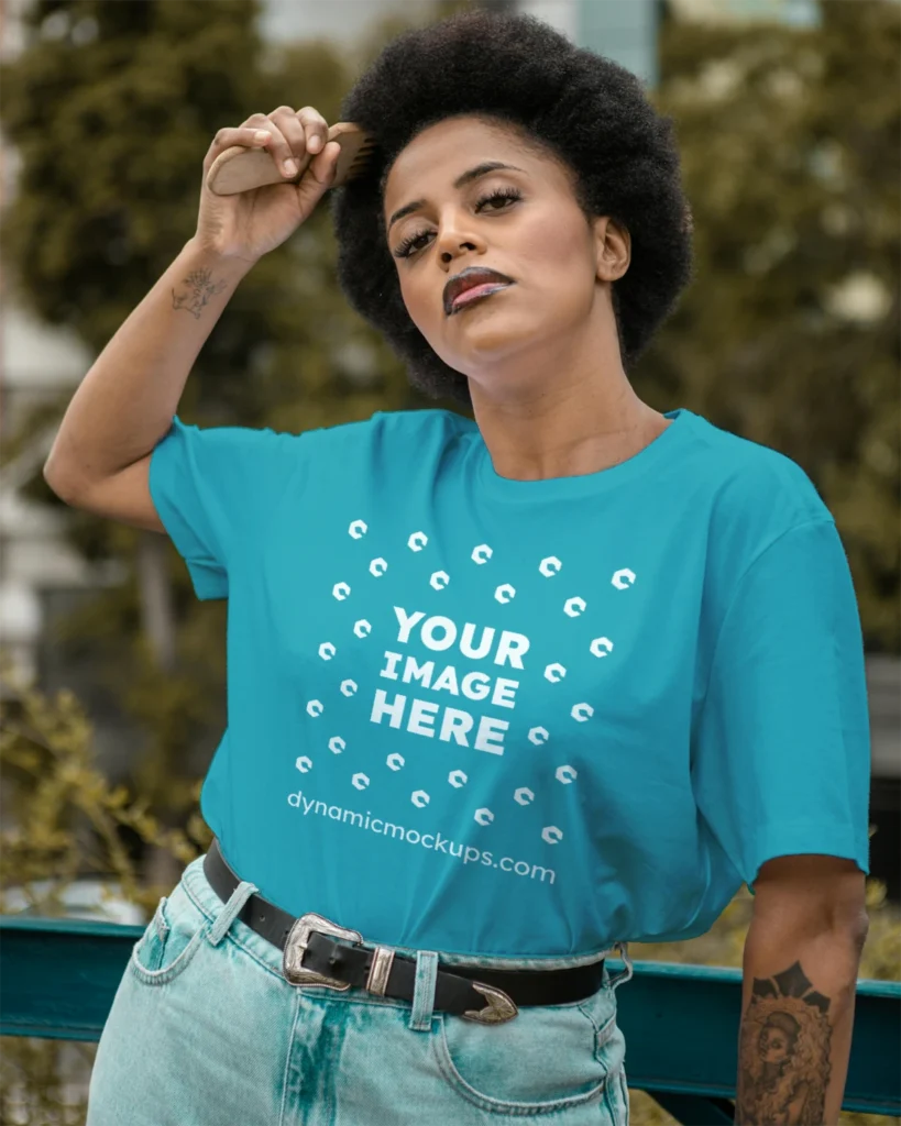 Woman Wearing Teal T-shirt Mockup Front View Template