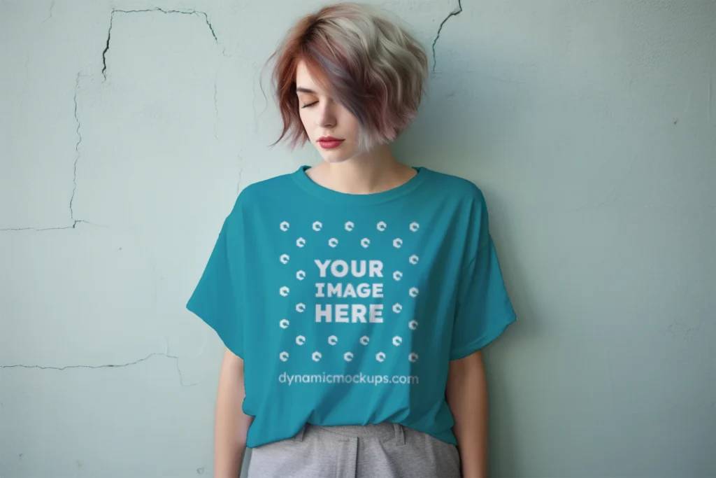 Woman Wearing Teal T-shirt Mockup Front View Template