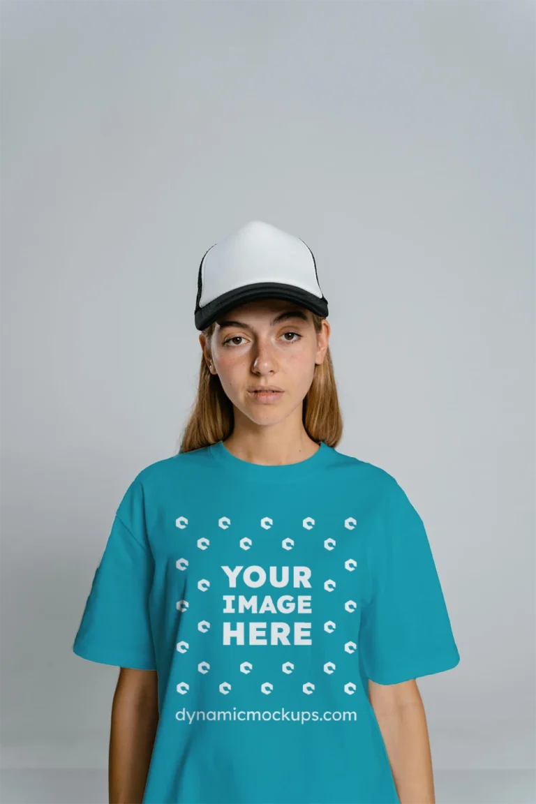 Woman Wearing Teal T-shirt Mockup Front View Template