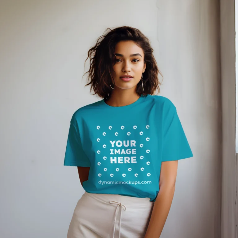 Woman Wearing Teal T-shirt Mockup Front View Template