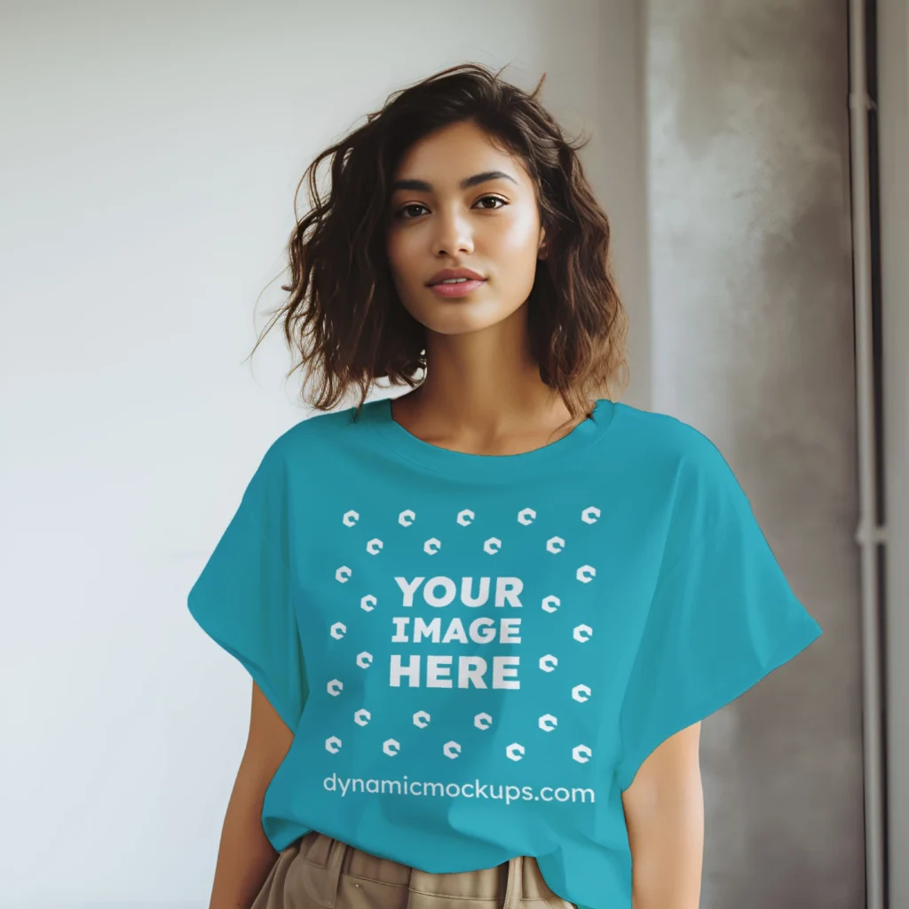 Woman Wearing Teal T-shirt Mockup Front View Template