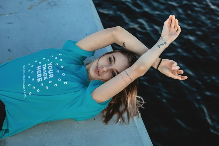 Woman Wearing Teal T-shirt Mockup Front View Template