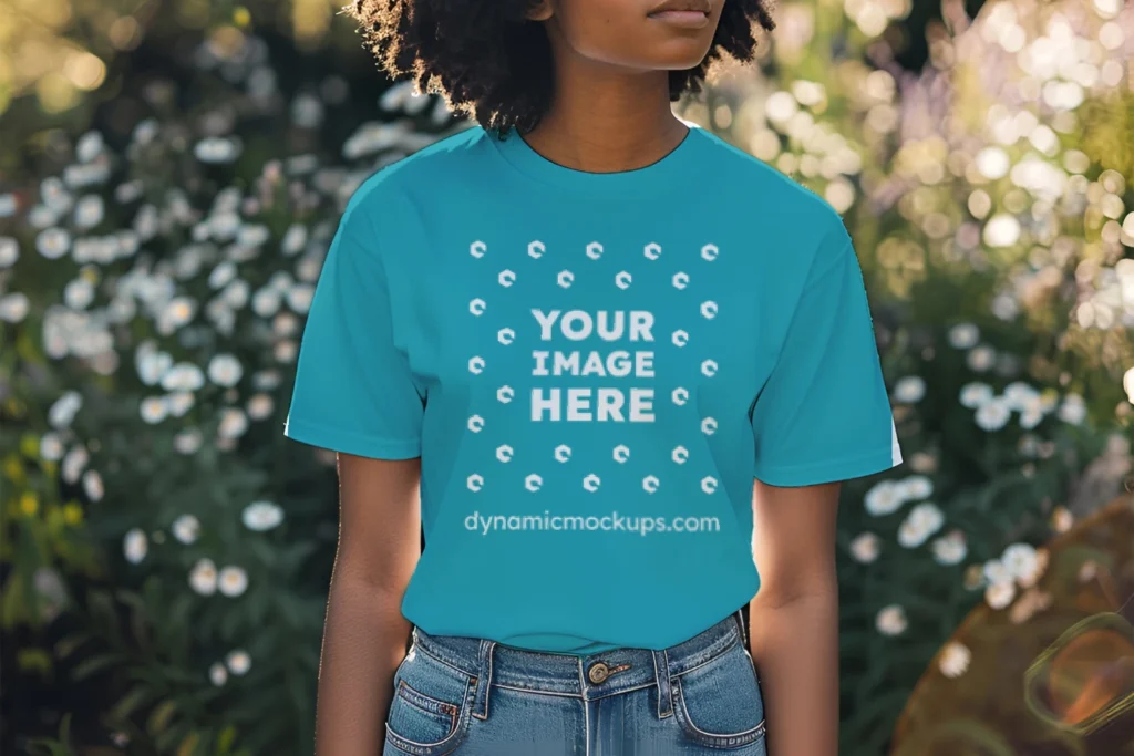 Woman Wearing Teal T-shirt Mockup Front View Template