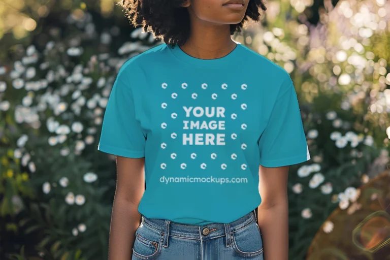 Woman Wearing Teal T-shirt Mockup Front View Template