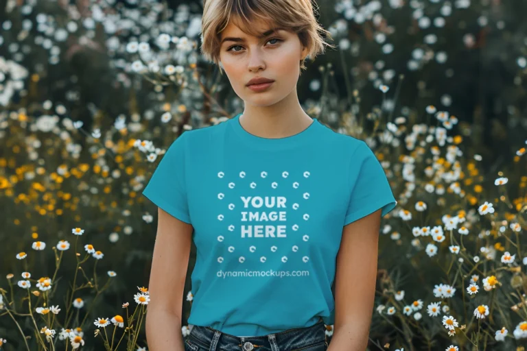 Woman Wearing Teal T-shirt Mockup Front View Template