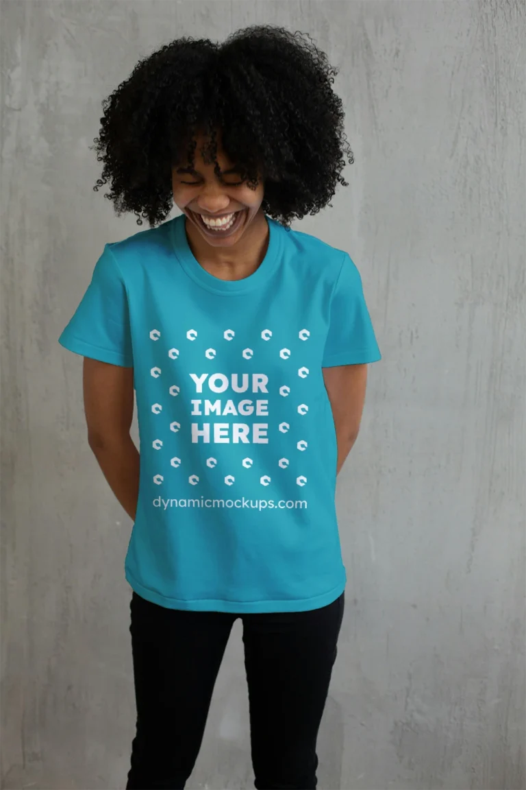 Woman Wearing Teal T-shirt Mockup Front View Template