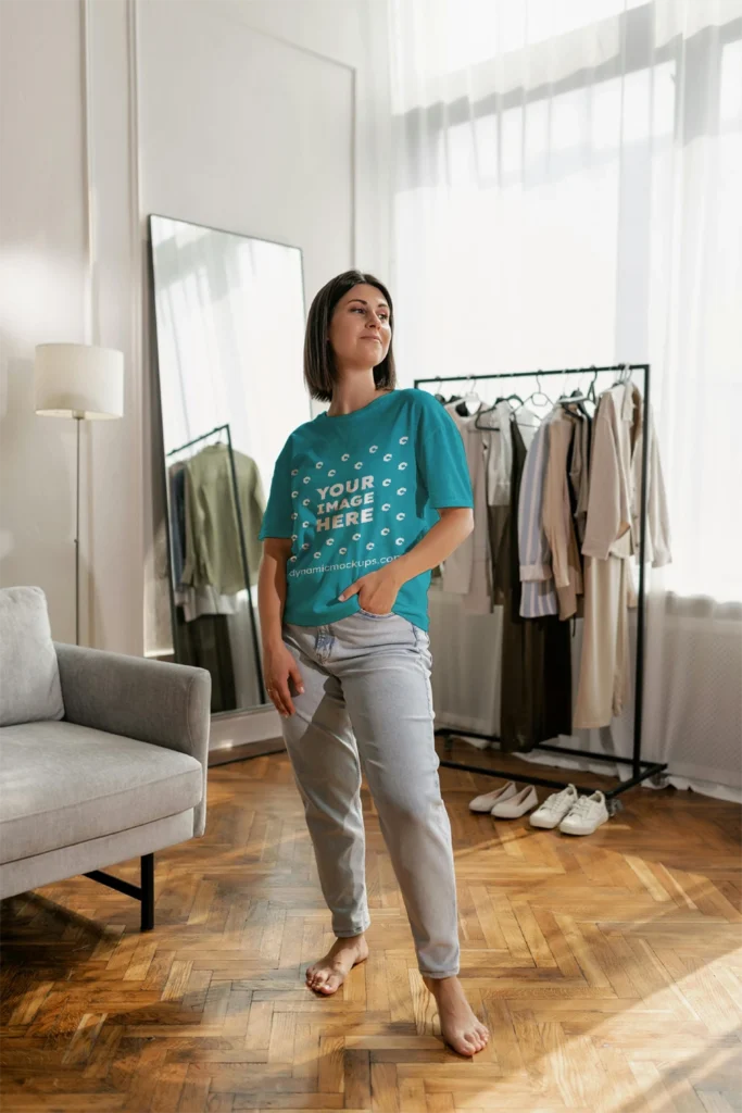 Woman Wearing Teal T-shirt Mockup Front View Template