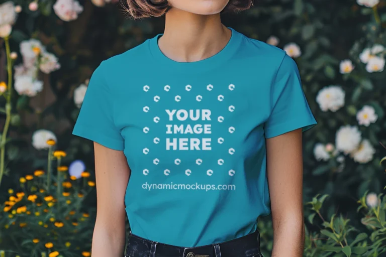 Woman Wearing Teal T-shirt Mockup Front View Template