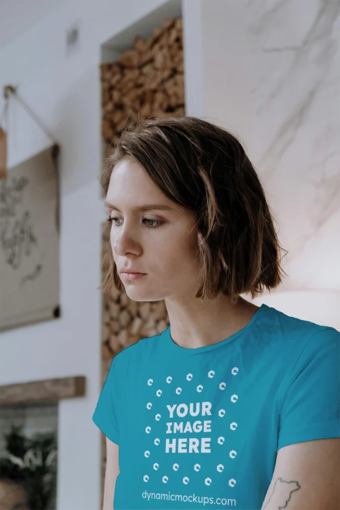 Woman Wearing Teal T-shirt Mockup Front View Template