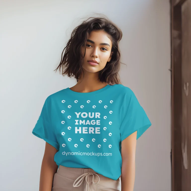 Woman Wearing Teal T-shirt Mockup Front View Template