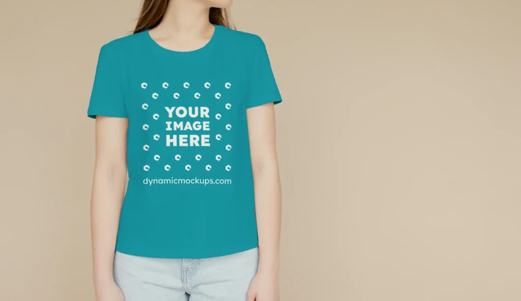 Woman Wearing Teal T-shirt Mockup Front View Template